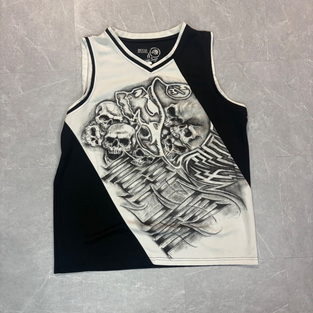 Metal Mulisha Mens XL Black White Skull Tribal Mesh Jersey Tank Top V-Neck